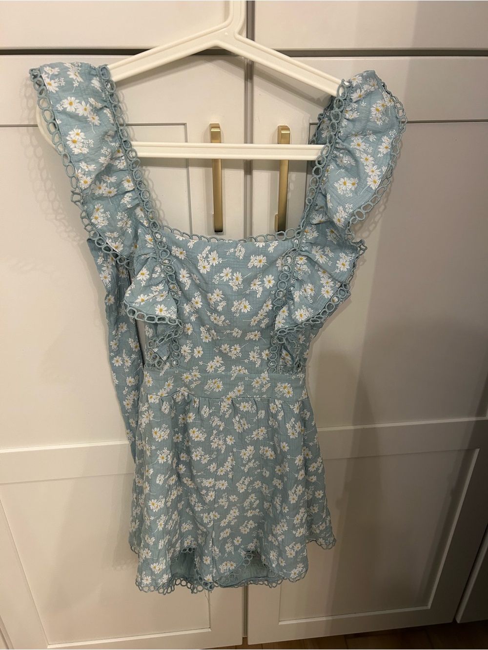 Floral Ruffle Square-Neck Romper in Light Blue